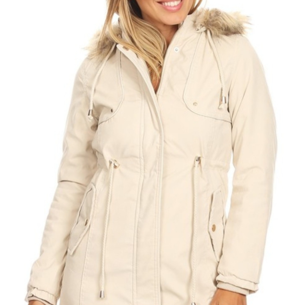Cream colored Geegee Coat with fur lined hood